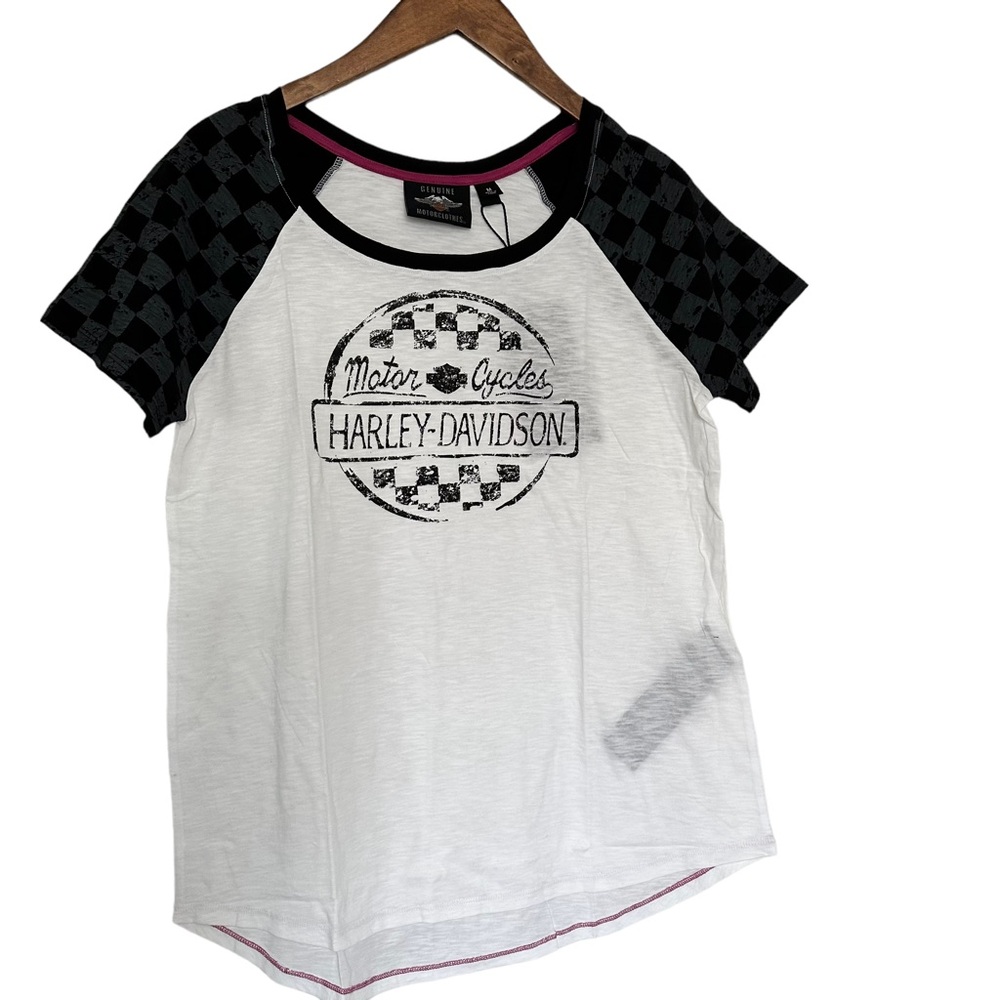 Harley Davidson Black/White Checkered Sleeve Logo Short Sleeve Tee NWT